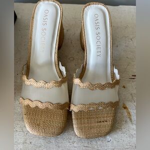 Oasis Society Tan and White Scalloped Mules